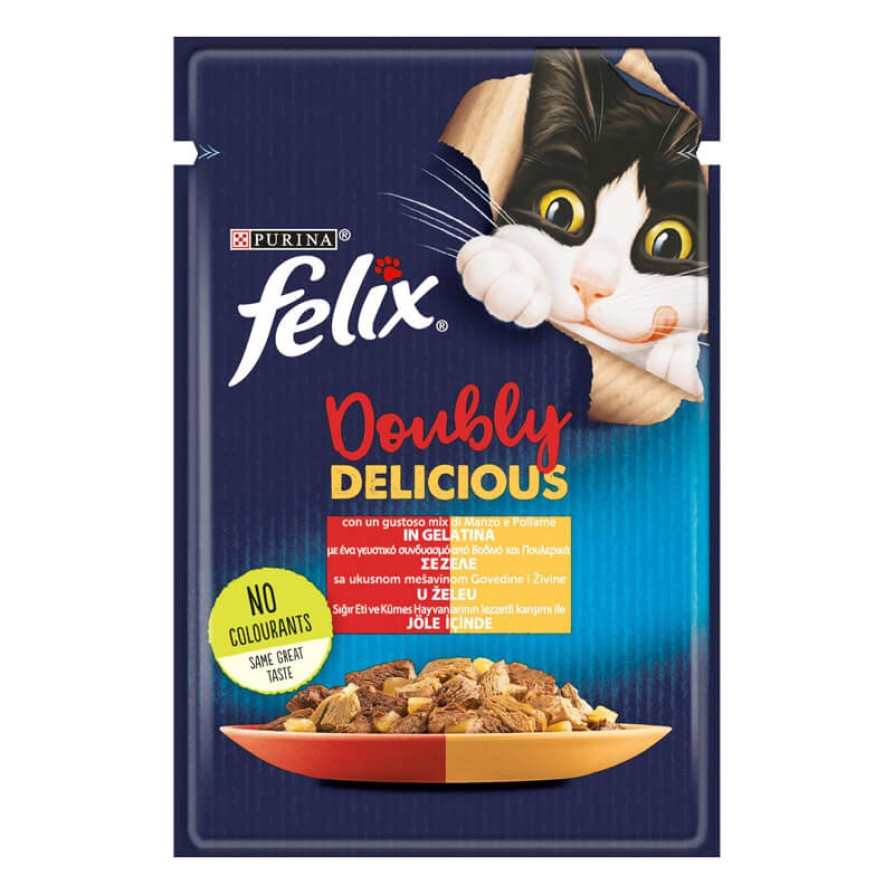 FELIX DOUBLY DELICIOUS ΜΕ ΒΟΔΙΝΟ &ΠΟΥΛΕΡΙΚΑ ΣΕ ΖΕΛΕ 85GR FELIX