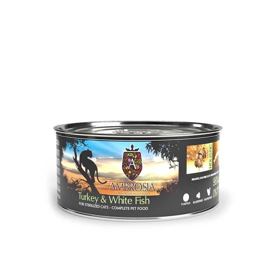 AMBROSIA GRAIN FREE STERILISED LIGHT CAT TURKEY & WHITE FISH 150gr AMBROSIA