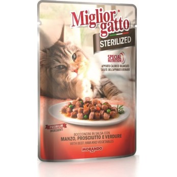MIGLIOR GATTO STERILIZED Κομματάκια σε Σάλτσα με Βοδινό, Προσούτο & Λαχανικά 85gr