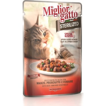 MIGLIOR GATTO STERILIZED Κομματάκια σε Σάλτσα με Βοδινό, Προσούτο & Λαχανικά 85gr
