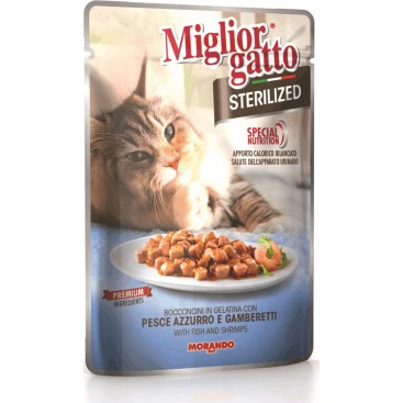 MIGLIOR GATTO STERILISED Κομματάκια σε Ζελέ με Ψάρια & Γαρίδες 85gr