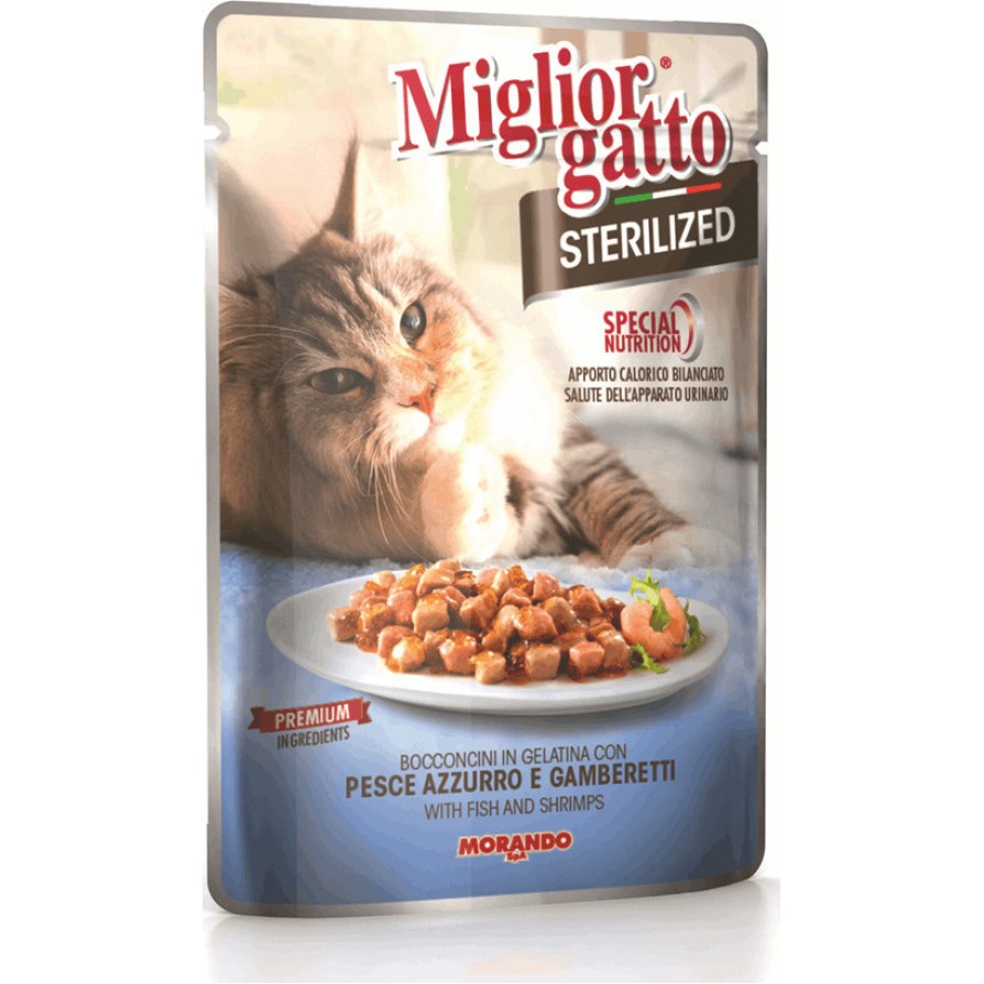 MIGLIOR GATTO STERILISED ΚΟΜΜ ΨΑΡΙ & ΓΑΡΙΔΕΣ ΣΕ ΖΕΛΕ 85GR MIGLIOR GATTO