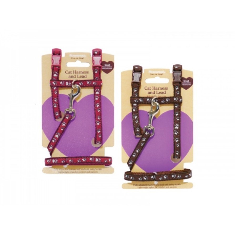 CAT HARNESS/LEAD SML PAW PRINT ROSEWOOD