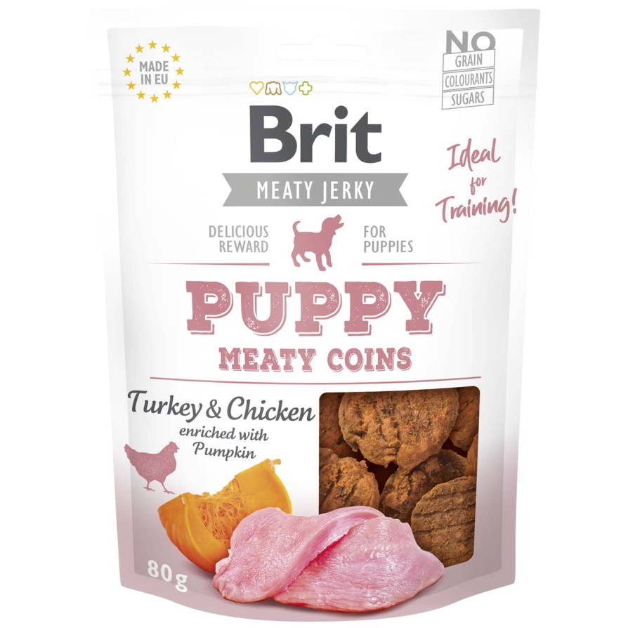 BRIT MEATY JERKY SNACK COINS PUPPY με ΓΑΛΟΠΟΎΛΑ 80GR BRIT