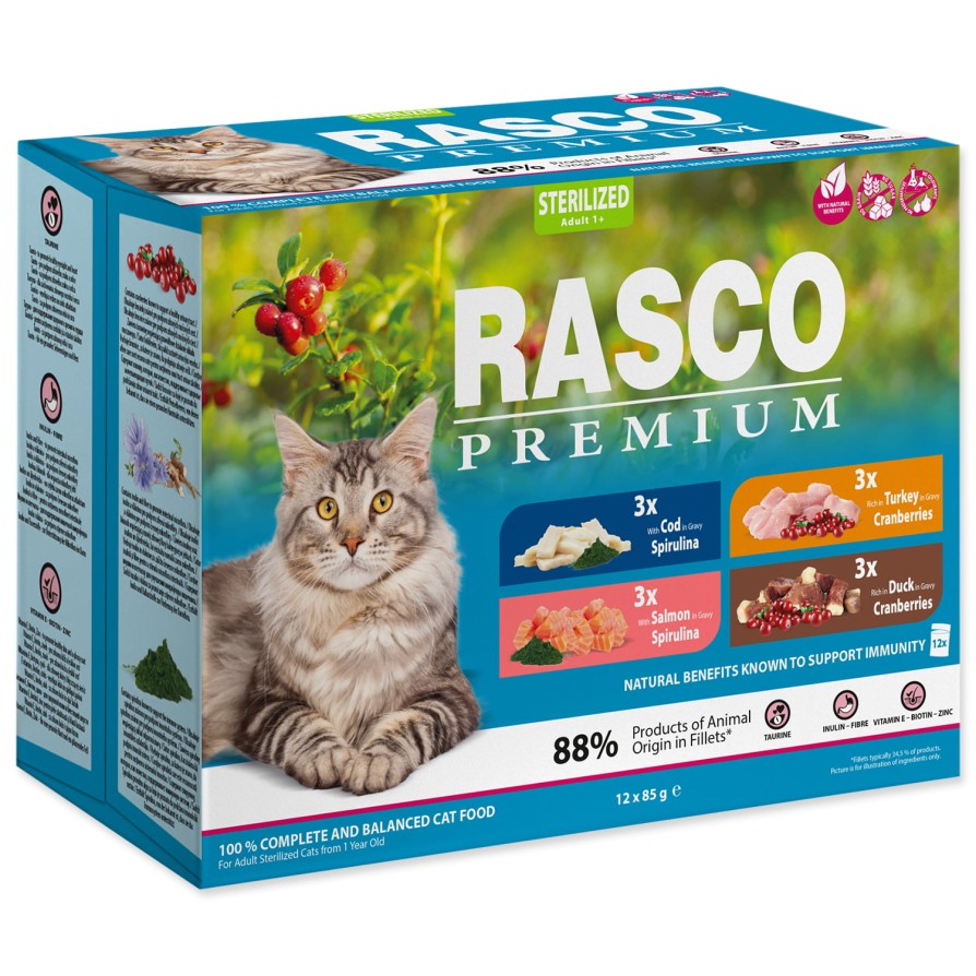 Rasco Premium Cat Pouch Sterilized 3x salmon; 3xcod; 3xduck; 3xturkey 12x85g RASCO