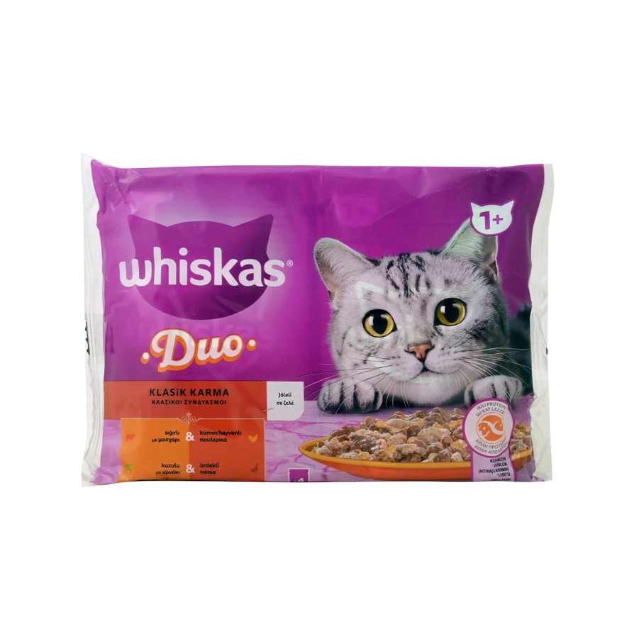 WHISKAS ΦΑΚ. DUO ΚΛΑΣΙΚΟΙ ΣΥΝΔΥΑΣΜΟΙ ΜΕ ΜΟΣΧ&ΠΟΥΛΕΡ/ ΑΡΝΙ&ΠΑΠΙΑ ΣΕ ΖΕΛΕ 4x85g WHISKAS