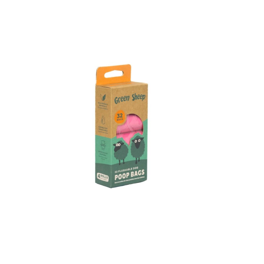Green Sheep Flushable Poop Bags - 32 Bags Pink (4x8) GREEN SHEEP