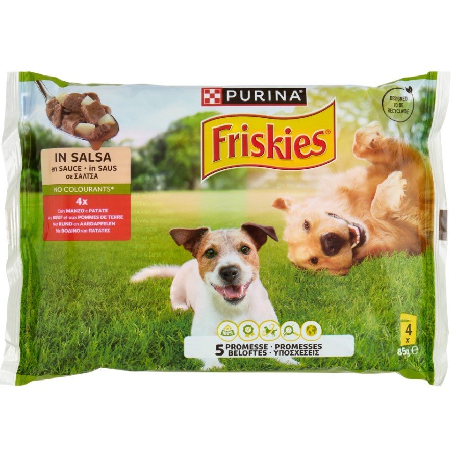 FRISKIES Wet Dog Πολυσυσκευασία με Βοδινό & Πατάτες σε σάλτσα 4x85gr FRISKIES