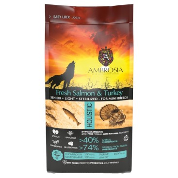 AMBROSIA GRAIN FREE ADULT MINI SENIOR LIGHT STERILISED FRESH SALMON & TURKEY AMBROSIA GRAIN FREE ADULT MINI SENIOR LIGHT STERILISED FRESH SALMON & TURKEY
