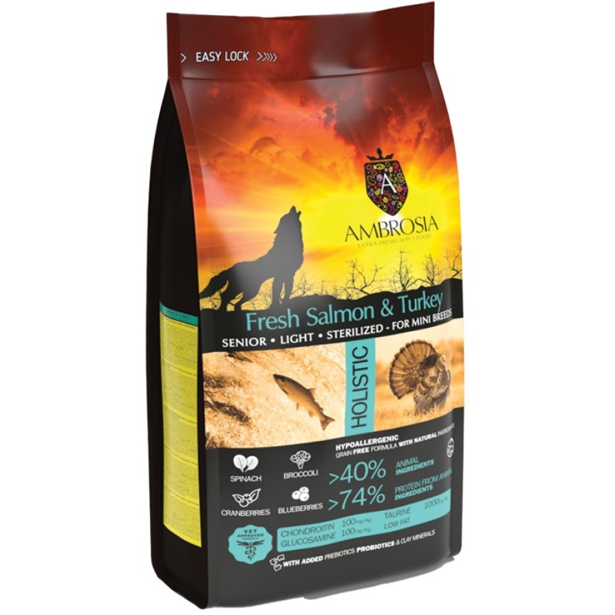 AMBROSIA GRAIN FREE ADULT MINI SENIOR LIGHT STERILISED FRESH SALMON & TURKEY AMBROSIA AMBROSIA GRAIN FREE ADULT MINI SENIOR LIGHT STERILISED FRESH SALMON & TURKEY AMBROSIA