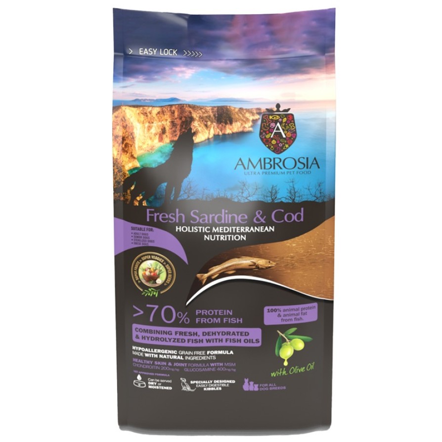 AMBROSIA MEDITERRANEAN GRAIN FREE SENIOR LIGHT & STERILIZED FRESH SARDINE & COD ΣΚΥΛΟΣ
