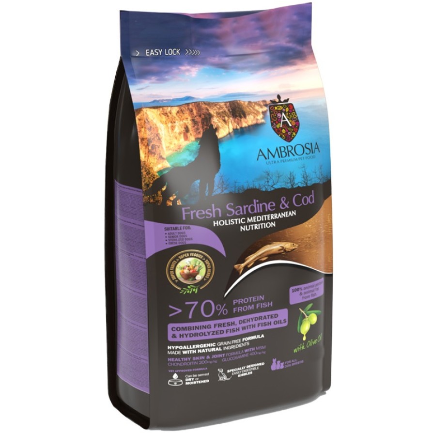 AMBROSIA MEDITERRANEAN GRAIN FREE SENIOR LIGHT & STERILIZED FRESH SARDINE & COD ΣΚΥΛΟΣ