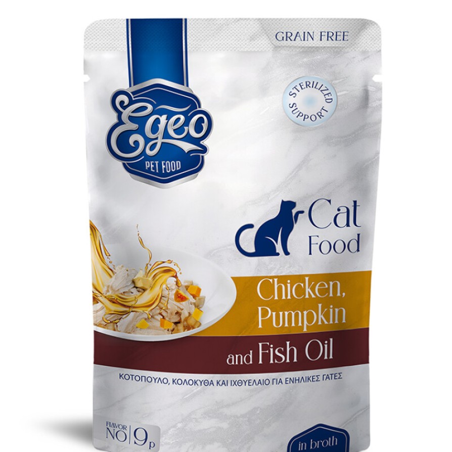 EGEO ADULT CAT ΜΕ ΚΟΤΟΠΟΥΛΟ & ΚΟΛΟΚΥΘΑ & ΙΧΘΥΕΛΑΙΟ ΣΕ ΖΩΜΟ POUCH 85gr ΓΑΤΑ