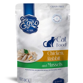 EGEO ADULT CAT ΜΕ ΚΟΤΟΠΟΥΛΟ & ΚΟΥΝΕΛΙ & ΜΥΔΙΑ ΣΕ ΖΩΜΟ POUCH 85gr