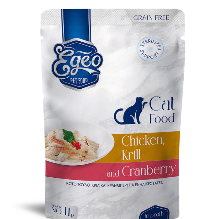 EGEO ADULT CAT ΜΕ ΚΟΤΟΠΟΥΛΟ & ΚΡΑΝΜΠΕΡΙ & ΚΡΙΛ ΣΕ ΖΩΜΟ POUCH 85gr ΓΑΤΑ