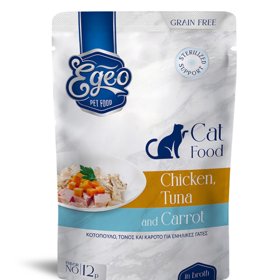 EGEO ADULT CAT ΜΕ ΚΟΤΟΠΟΥΛΟ & ΤΟΝΟΣ & ΚΑΡΟΤΟ ΣΕ ΖΩΜΟ POUCH 85gr ΓΑΤΑ
