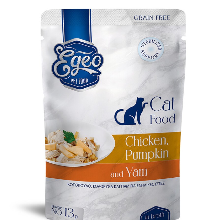 EGEO ADULT CAT ΜΕ ΚΟΤΟΠΟΥΛΟ & YAM & ΚΟΛΟΚΥΘΑ ΣΕ ΖΩΜΟ POUCH 85gr ΓΑΤΑ