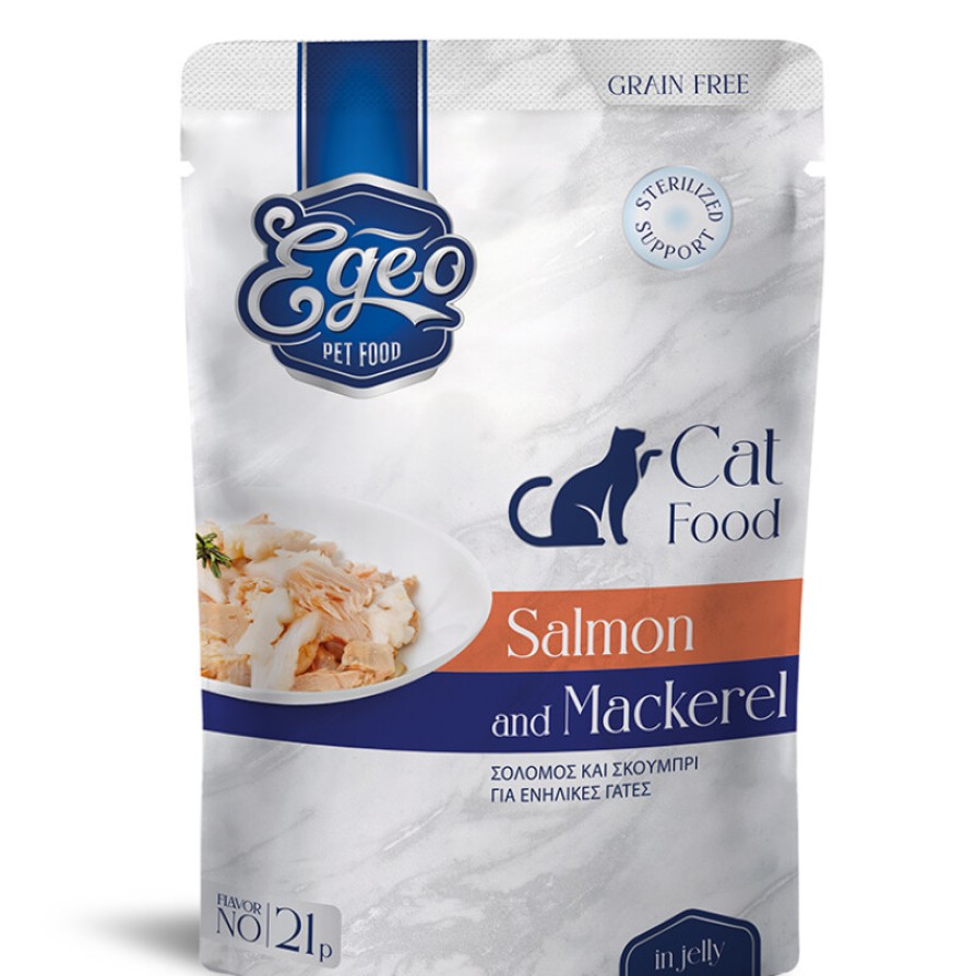 EGEO ADULT CAT ΜΕ ΣΟΛΟΜΟΣ & ΣΚΟΥΜΠΡΙ ΣΕ ΖΕΛΕ POUCH 85gr ΓΑΤΑ
