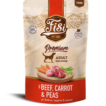 FISI ADULT DOG ΜΕ ΒΟΔΙΝΟ & ΚΑΡΟΤΟ & ΑΡΑΚΑΣ ΣΕ ΣΑΛΤΣΑ POUCH 130gr