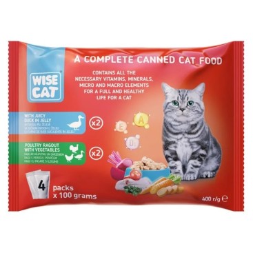 WISE CAT WITH JUICY DUCK IN JELLY & POULTRY RAGOUT WITH VEGETABLES 4x100gr x 12
