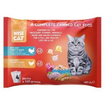 WISE CAT WITH JUICY TURKEY IN SAUCE & JUICY CHICKEN IN SAUCE 4x100gr x 12