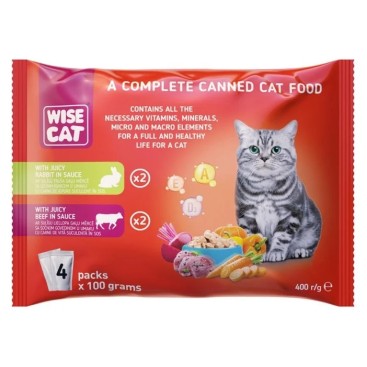 WISE CAT WITH JUICY RABIT IN SAUCE & JUICY BEEF IN SAUCE 4x100gr x 12