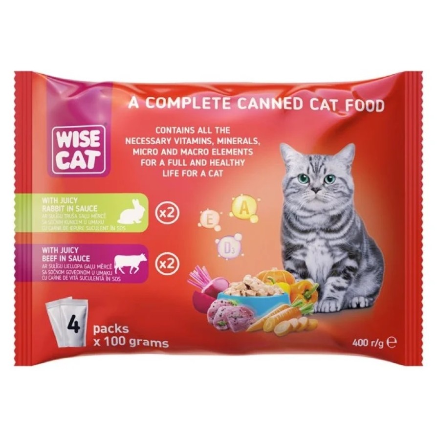 WISE CAT WITH JUICY RABIT IN SAUCE & JUICY BEEF IN SAUCE 4x100gr x 12 WISE CAT