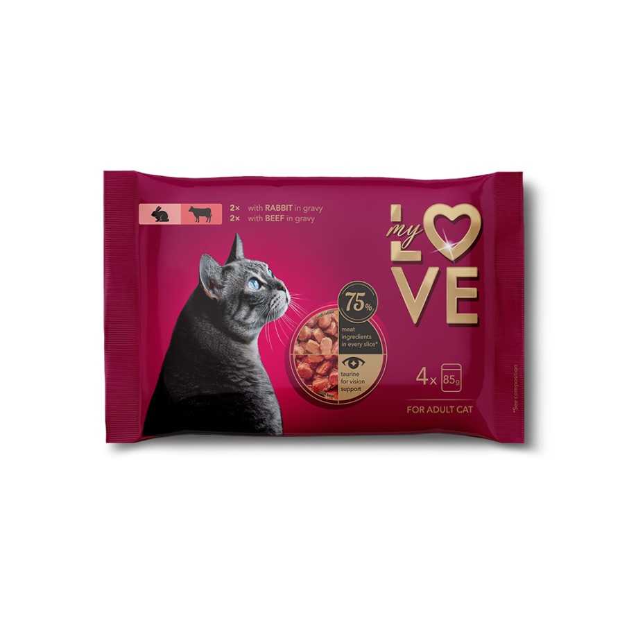 MYLOVE Πολυσυσκευασία Wet Cat Adult Rabbit-Beef 4x85gr MYLOVE
